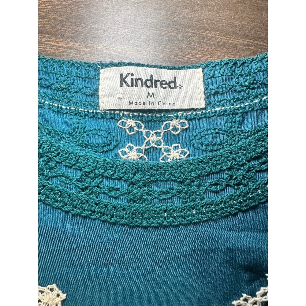 Anthropologie Kindred Womens Teal Embroidered Bell Sleeve Scalloped Blouse MD - Picture 7 of 10